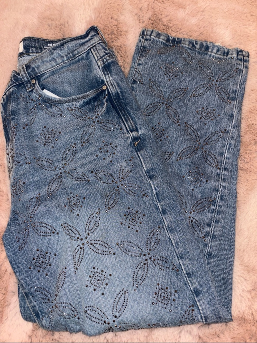 Kensie Blue High-Rise Straight Jeans with Stud Detail